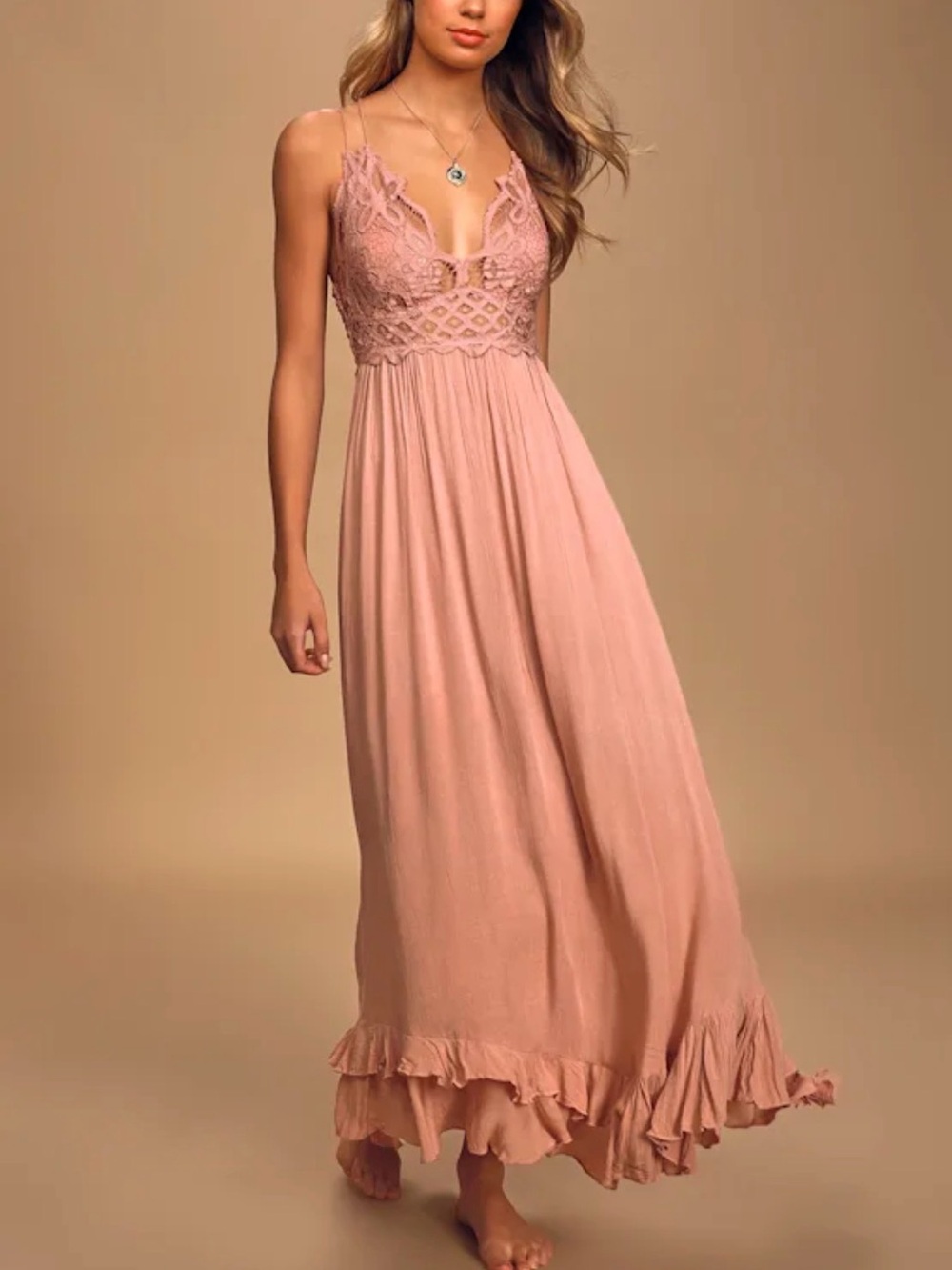 Free People Adella Maxi Slip Rose Pink Lace Dress Size Small